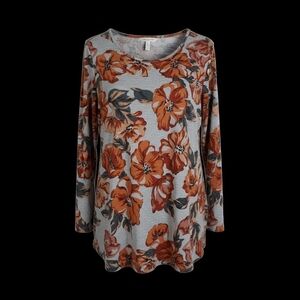 Floral Long Sleeve Top - Orange and Gray